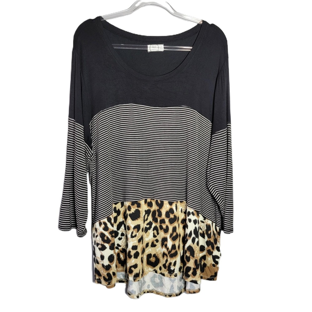 Maurice's 24/7 Womens Black Stripe Leopard Print Tunic Top‎ Plus Size 3X Soft